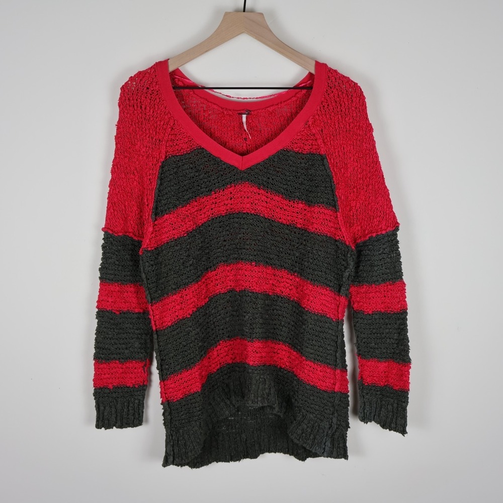 Free People Women's Songbird Rugby Striped V Neck Sweater Dark Olive Small 18x26